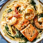 Garlic Butter Salmon and Shrimp with Creamy Spinach Linguine