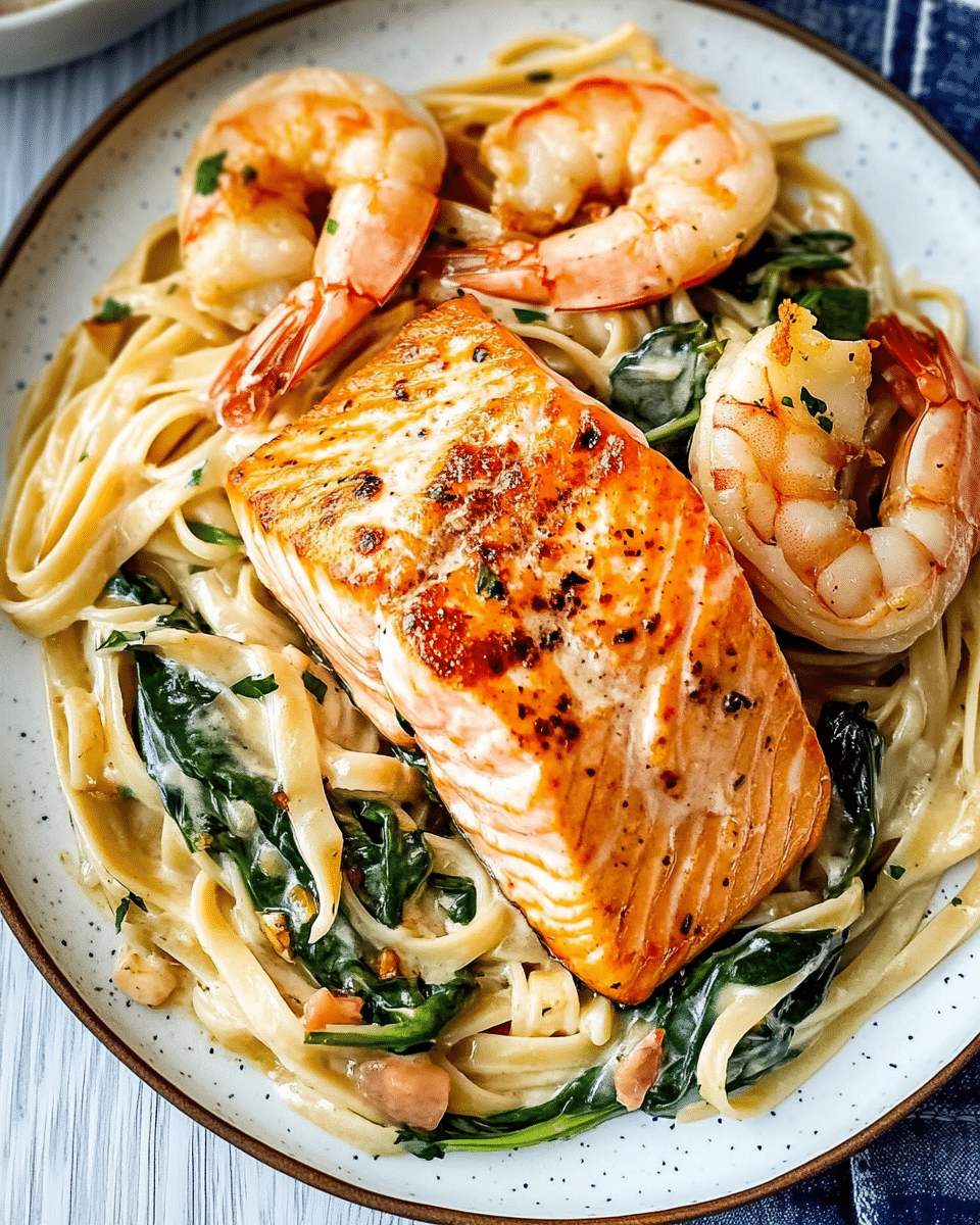 Garlic Butter Salmon and Shrimp with Creamy Spinach Linguine