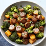Sheet Pan Sausage and Sweet Potatoes with Honey Garlic Sauce