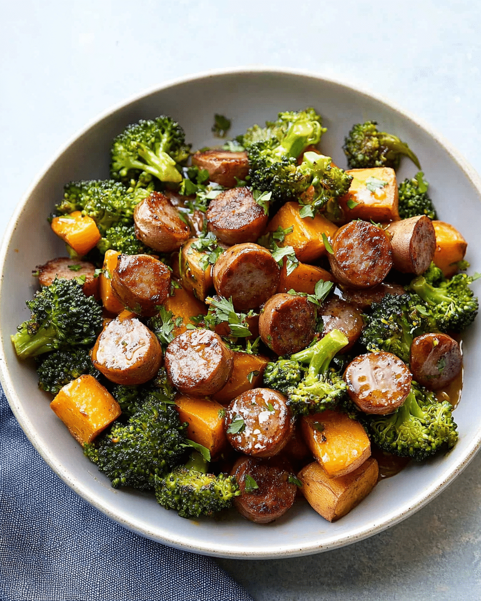 Sheet Pan Sausage and Sweet Potatoes with Honey Garlic Sauce