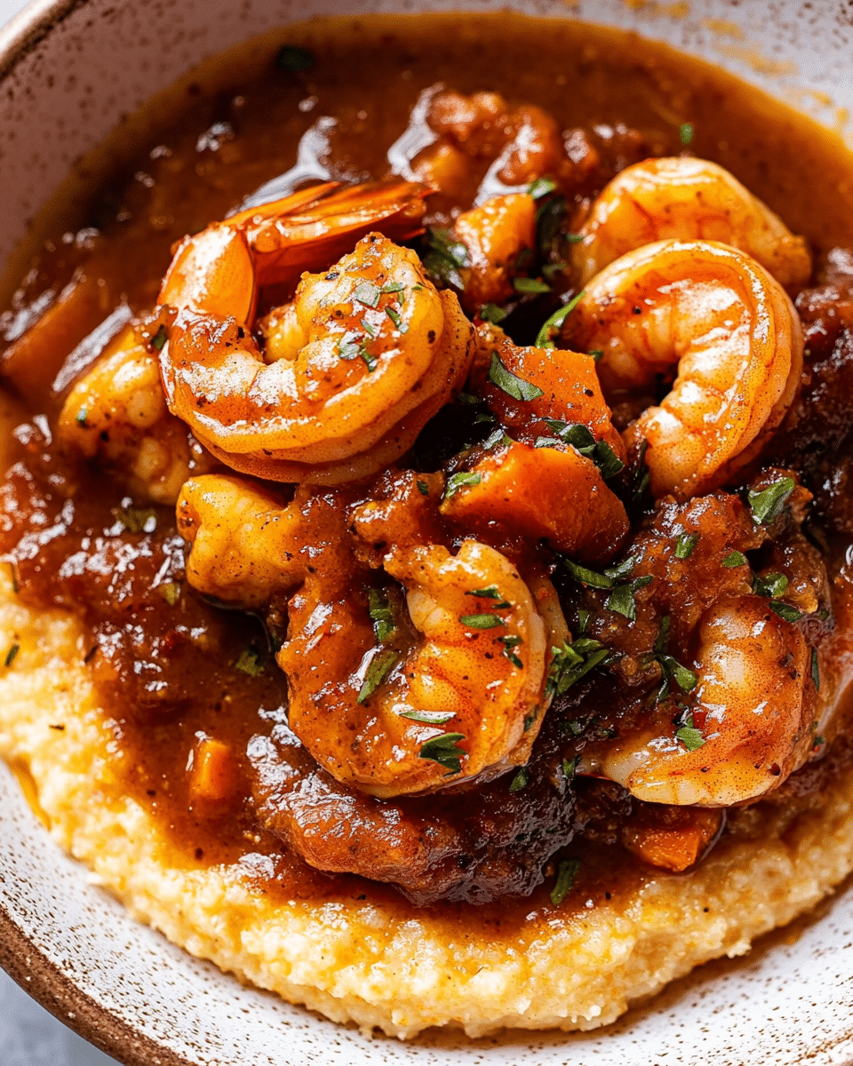 Brown Stew Shrimp with Sweet Potato Grits