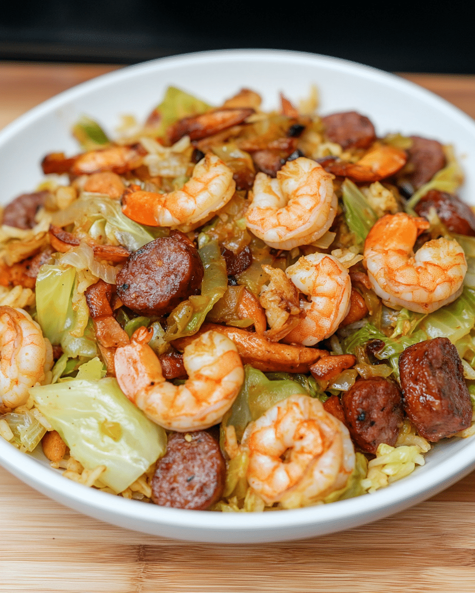 Shrimp and Beef Sausage Cabbage Bowl with Rice