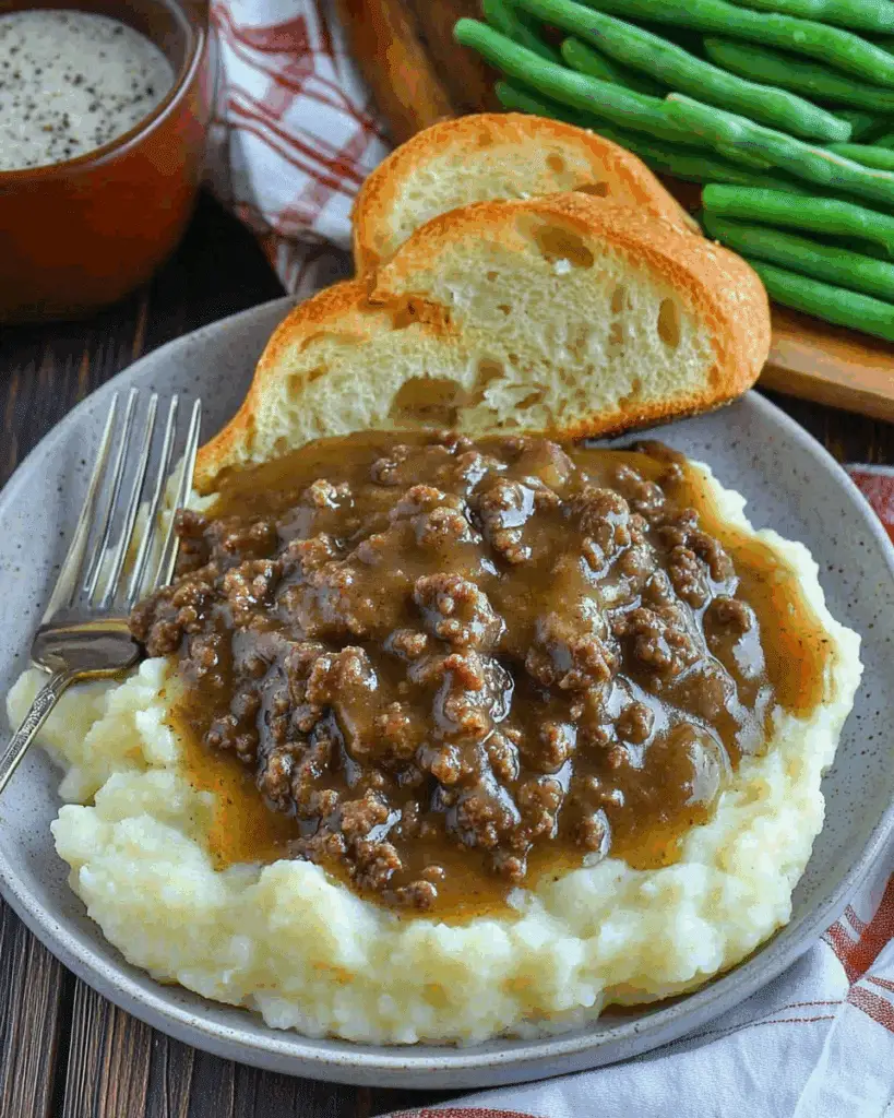 Ground Beef and Gravy Over Mashed Potatoes