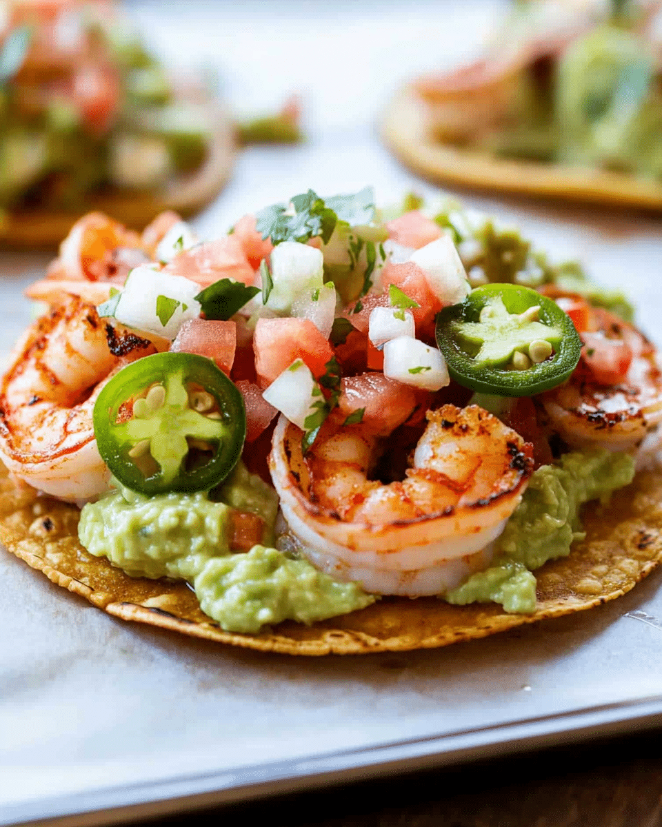 Shrimp Tostadas: Crispy Tostadas Loaded with Spicy Shrimp, Creamy Guacamole & Zesty Sauce