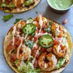 Shrimp Tostadas: Crispy Tostadas Loaded with Spicy Shrimp, Creamy Guacamole & Zesty Sauce