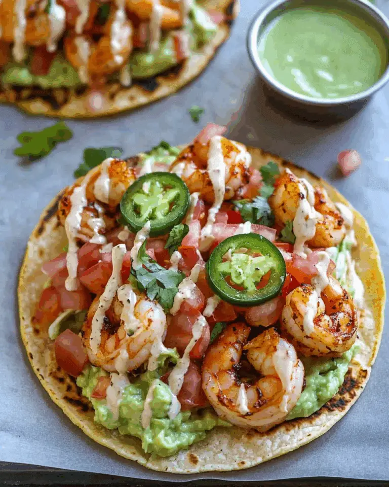 Shrimp Tostadas: Crispy Tostadas Loaded with Spicy Shrimp, Creamy Guacamole & Zesty Sauce