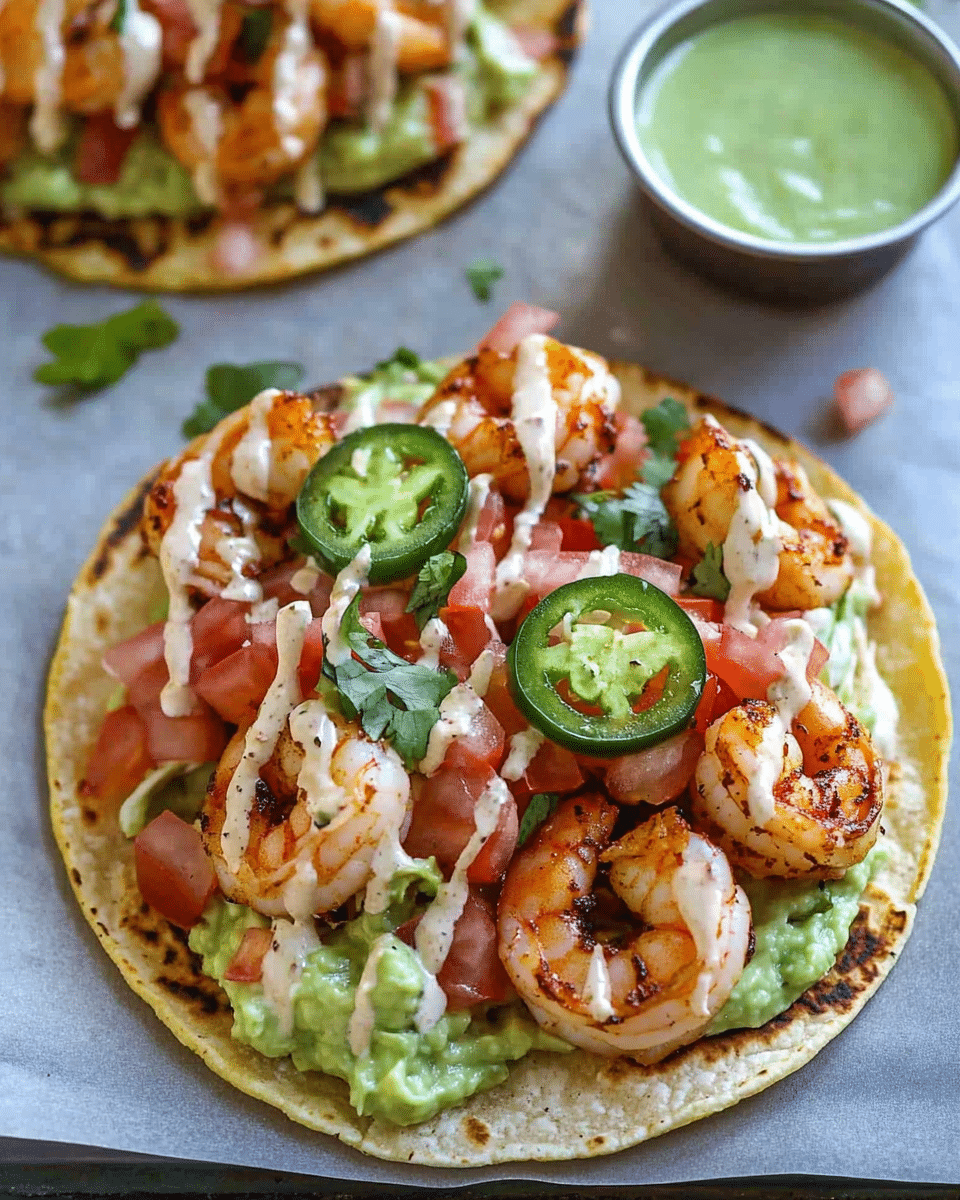 Shrimp Tostadas: Crispy Tostadas Loaded with Spicy Shrimp, Creamy Guacamole & Zesty Sauce