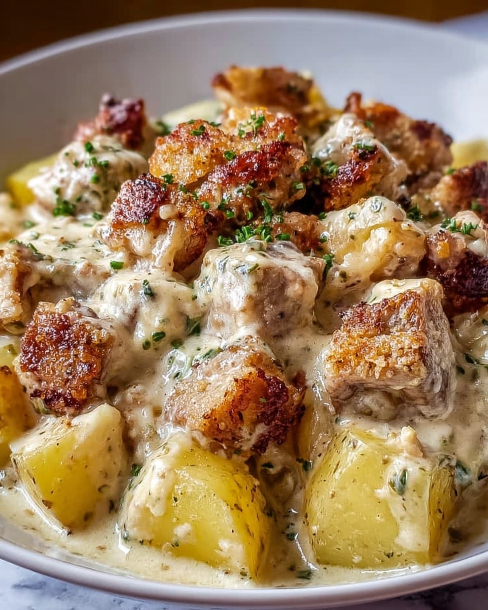 The dish shows four pieces of golden brown cooked chicken with crispy skin, placed over a base of red potato chunks with pale yellow insides. There are thin shards of light-colored cheese scattered over the chicken and potatoes. Small green herb bits are sprinkled across the dish, adding color contrast. The food appears inside a dark cooking pot, the texture of the chicken skin is slightly shiny, and the potatoes have a soft, smooth texture. photo taken with an iphone --ar 4:5 --v 7