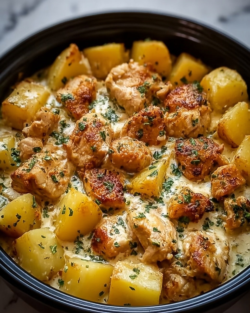 The image shows a close-up of a dish with two main layers. The bottom layer is made of quartered, golden-yellow potatoes that have some specks of herbs and a slightly roasted texture. On top of the potatoes are chunks of browned, crispy chicken pieces mixed with a creamy white sauce that has green herb bits spread throughout. The sauce looks smooth and coats both the chicken and potatoes well. The dish is served on a white plate with a thick green rim, all placed on a white marbled surface. Photo taken with an iphone --ar 4:5 --v 7