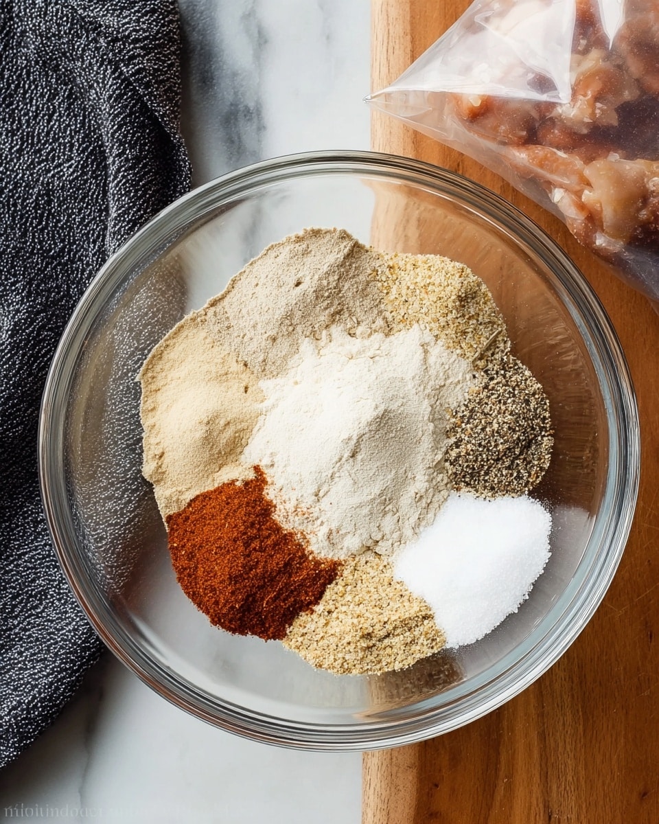 A clear glass bowl sits on a white marbled surface, filled with eight distinct piles of dry spices and seasonings arranged in a circular pattern within the bowl. The layers include a light tan powder, a bright white powder, a pale beige scoop, a warm reddish-brown spice, cracked black pepper, granulated white salt, light brown granules, and a medium beige powder, each forming separate small mounds that together cover the bottom of the bowl. To the upper right of the bowl is a clear plastic bag containing sliced pieces of light-colored food soaking in a white liquid. A dark gray textured cloth is partially visible in the top left corner of the frame. The photo was taken with an iphone --ar 4:5 --v 7