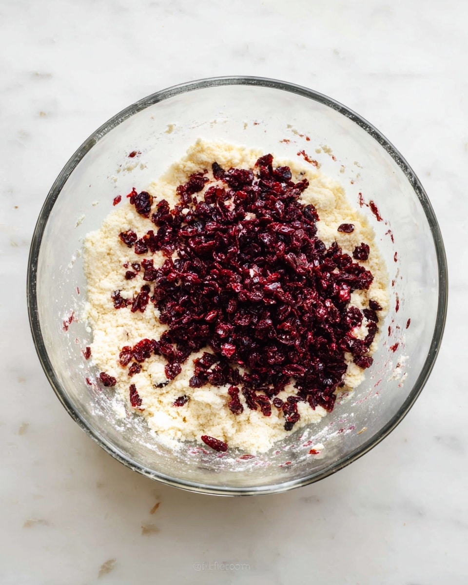 A clear glass mixing bowl is placed on a white marbled surface. Inside the bowl, there are two visible layers: the bottom layer is a pale, crumbly mixture, likely flour or a dry batter, with a soft uneven texture. On top of this is a generous layer of finely chopped dark red dried cranberries, scattered unevenly across the surface. The contrast between the light crumbly base and the deep red bits creates a striking visual with textures both soft and slightly rough. Photo taken with an iphone --ar 4:5 --v 7