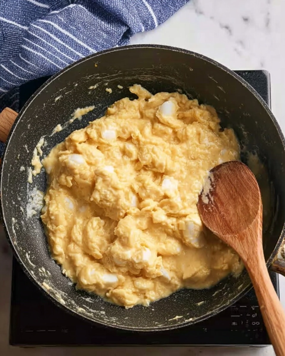 A close-up view of a black pan filled with soft scrambled eggs that are pale yellow and slightly shiny in texture, showing some small white pieces mixed in. A wooden spoon with a smooth handle is resting on the side of the pan, partially submerged in the eggs. The pan is set on a black stove top with a white marbled surface around it, and there is a blue and white striped cloth in the background. The eggs appear creamy and lightly cooked, with some folds and small chunks visible. photo taken with an iphone --ar 4:5 --v 7
