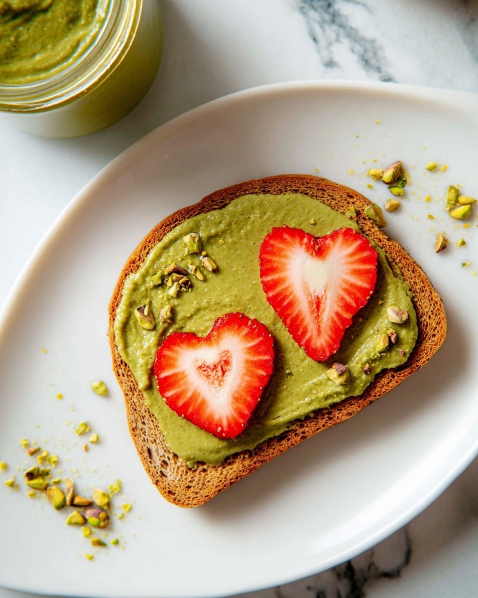 A single slice of toasted brown bread sits centered on a white plate with curved edges. The bread is topped with a smooth layer of green pistachio spread, covering the whole surface except the edges. On top of the green spread, there are two slices of strawberry arranged near the right side, one heart-shaped and the other a regular slice, both bright red with white inner parts. Small crushed pistachio pieces are sprinkled lightly over the top of the spread and around the plate. The background is a white marbled surface, and part of a jar filled with more green spread is visible in the top left corner. Photo taken with an iphone --ar 4:5 --v 7