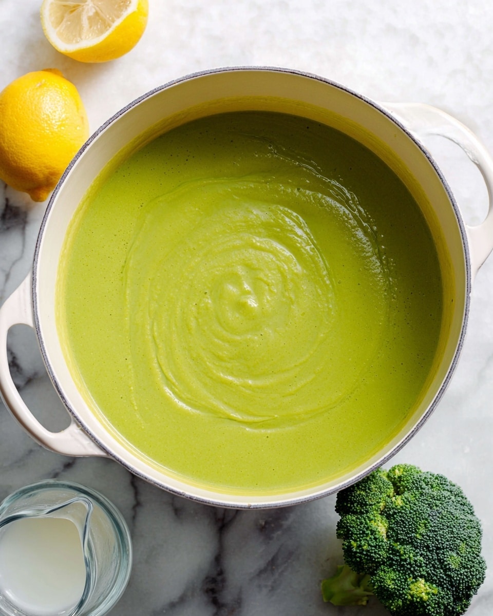 A large white pot filled with smooth, bright green soup with a creamy texture and gentle swirls on the surface. To the left of the pot, there is half a lemon and a small clear glass pitcher with white liquid inside. To the lower right, there is a fresh broccoli floret placed on a white marble surface. The background is a white marbled texture. Photo taken with an iphone --ar 4:5 --v 7