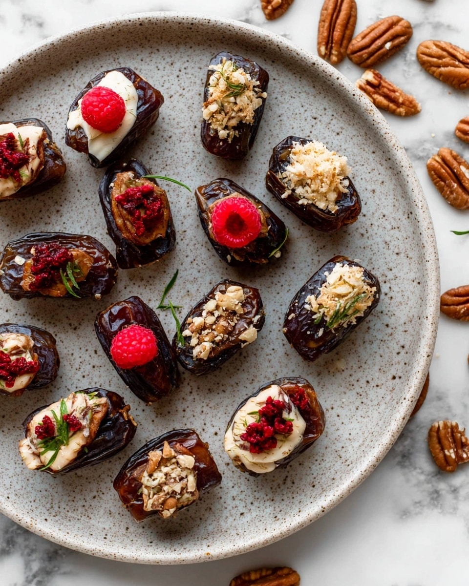 The image shows a round white plate filled with dark brown dates, each stuffed with different toppings. Some dates have a creamy beige filling, topped with bright red raspberries; others are filled with white cream and garnished with red dried fruit strips or small pecans and green herb sprigs. A few dates are topped with crushed light brown nuts on the creamy filling. The plate sits on a white marbled surface, with scattered pecans around it, creating a rustic and textured look. photo taken with an iphone --ar 4:5 --v 7