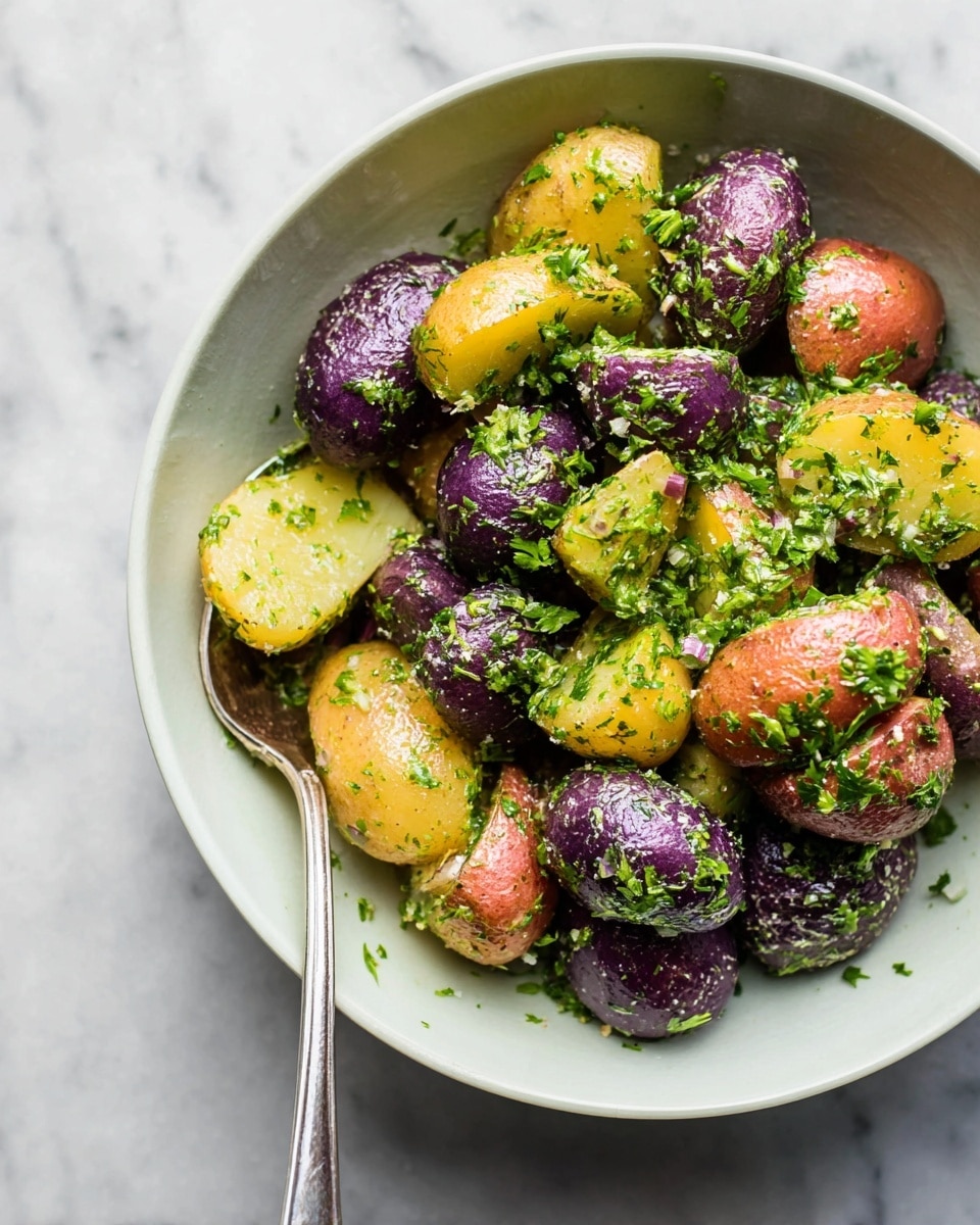 A bowl filled with three layers of small potatoes, each cut into halves or quarters. The potatoes have three different skin colors: purple, red, and yellow, all mixed together. They are coated in a green herb dressing that looks slightly thick and creamy. Small bright green herb leaves and bits are mixed in and sprinkled on top of the potatoes. A silver spoon rests inside the bowl, slightly lifting some potatoes. The bowl is white and sits on a white marbled surface. Photo taken with an iphone --ar 4:5 --v 7