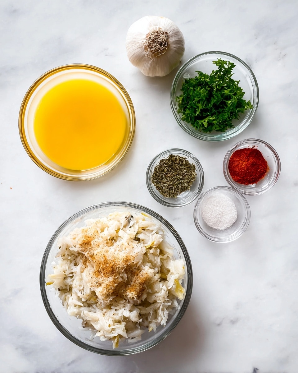 The image shows five ingredients on a white marbled surface. On the bottom right, there is a clear glass bowl filled with a white, chunky mixture that looks like shredded fish with a light brown powder sprinkled on top. To the left of this bowl, there is a smaller clear glass bowl holding a bright yellow beaten egg mixture. Above the egg bowl, a whole garlic bulb sits on the surface. Top center left, a small clear glass bowl is filled with fresh green parsley leaves and some dried herbs. To the right of this, another small clear glass bowl contains three different spices: a dark green powder, a bright red powder, and a small amount of white powder. Photo taken with an iphone --ar 4:5 --v 7