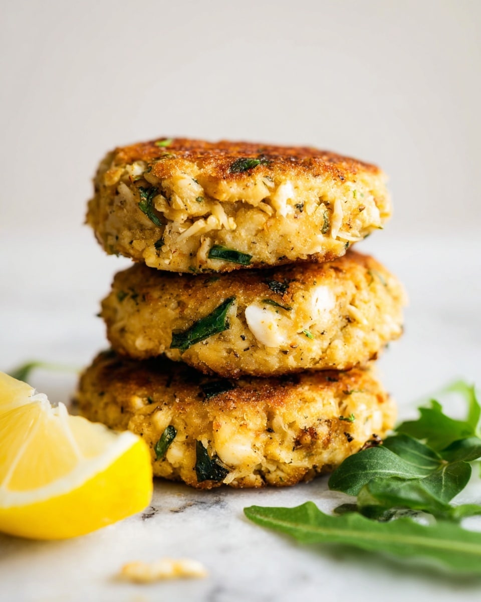 A close-up view shows a stack of three golden brown crab cakes, each thick and slightly crumbly with visible bits of green herbs and small pieces of crab. The cakes have a rough texture with a light crispy outside and appear to be soft inside. To the left of the stack is a bright yellow lemon wedge, and to the right are fresh green herb leaves. All items rest on a white marbled surface, all under soft natural light. photo taken with an iphone --ar 4:5 --v 7