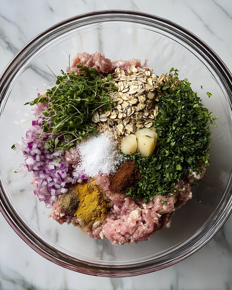 A clear glass bowl holds a mixture of ingredients layered from the bottom up: the base is light pink ground meat, topped with small pieces of chopped purple onion spread around; fresh green chopped herbs form a thick layer mainly on one side, with a pile of light brown oats and nearby a chunk of pale yellow ginger paste; seasonings include white salt crystals on one side, brown ground spices and a yellow powder next to it, all arranged in small separate piles over the mixture. The bowl is placed on a white marbled surface. photo taken with an iphone --ar 4:5 --v 7