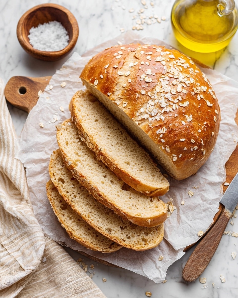 A round loaf of golden brown bread with a shiny crust sprinkled with oats is placed on white parchment paper on a wooden board. Half the loaf is sliced into seven thick, soft pieces showing the light beige, fluffy inside texture. The loaf and slices rest on a white marbled surface with a light beige striped cloth underneath the wooden board. Nearby are a small wooden bowl filled with coarse salt and a clear glass bottle holding yellow oil. Photo taken with an iphone --ar 4:5 --v 7