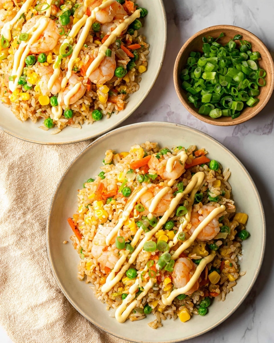 The image shows two white round plates filled with fried rice topped with shrimp, green peas, diced carrots, and corn. The fried rice is light brown with visible grains mixed with the colorful vegetables and shrimp. Each plate has thin, creamy yellow sauce stripes drizzled diagonally across the top and is garnished with chopped green onions scattered evenly. The plates are placed on a white marbled surface with a beige cloth partially visible on the left side. Photo taken with an iphone --ar 4:5 --v 7
