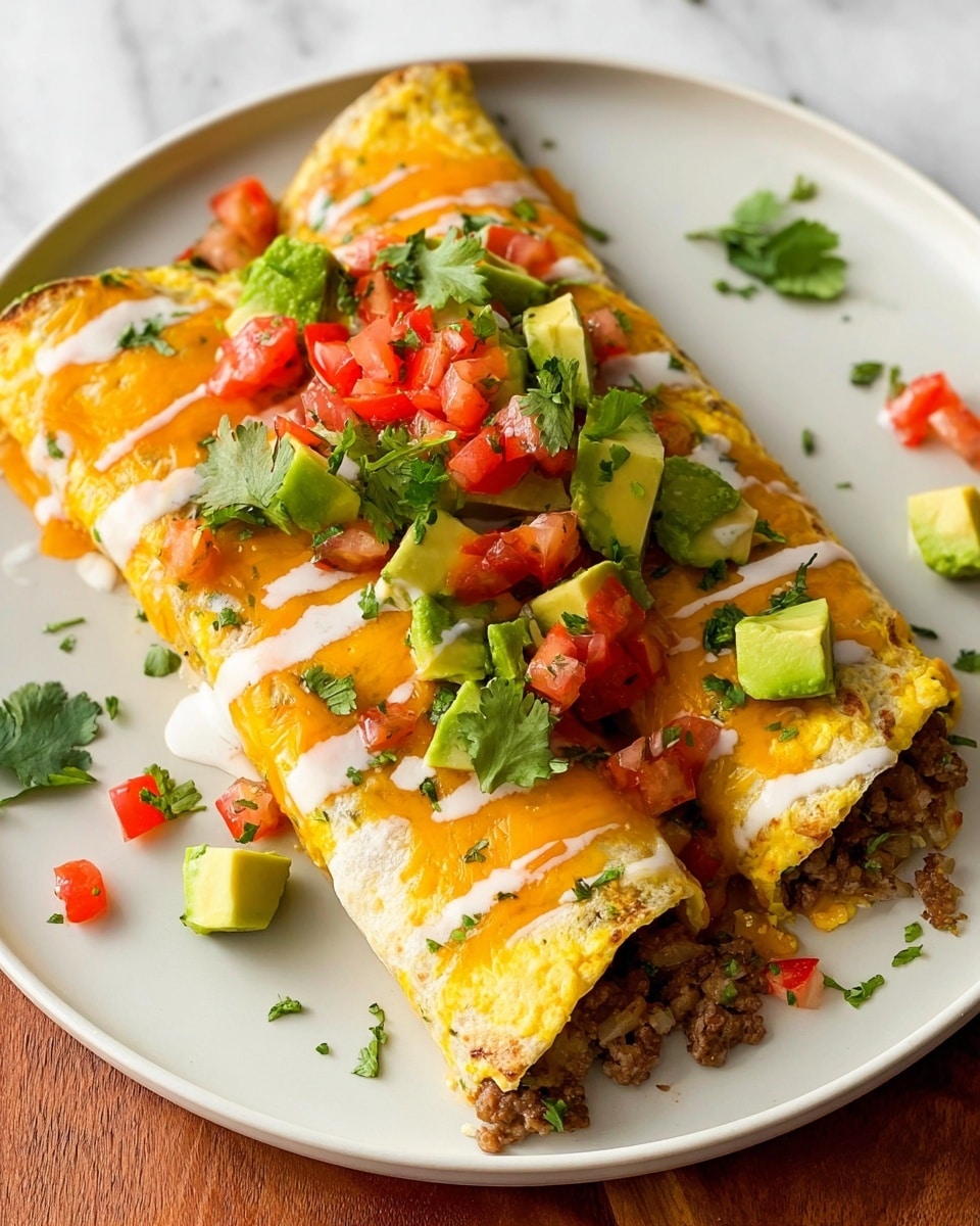 Two rolled tortillas filled with a mix of yellow scrambled eggs, browned ground meat, and small pieces of red bell pepper sit side by side on a white plate. The tortillas are topped with melted orange cheese, diced red tomatoes, green avocado cubes, fresh cilantro leaves, and thin white lines of creamy sauce. A few avocado cubes and tomato pieces are scattered on the plate around the tortillas. The plate rests on a white marbled surface. photo taken with an iphone --ar 4:5 --v 7