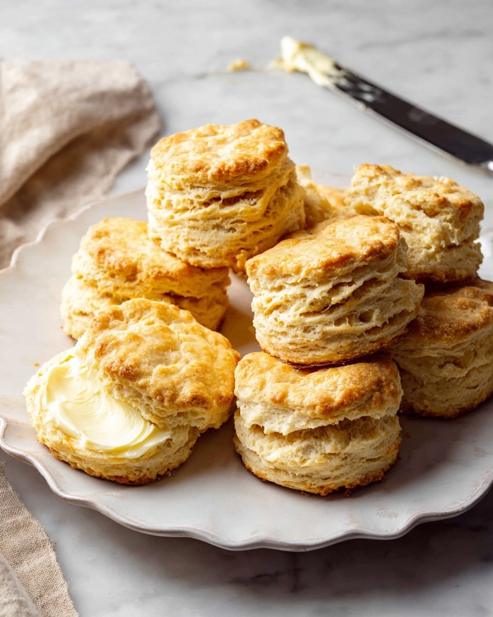 There is a white plate with a wavy edge holding eight golden brown biscuits, each showing two thick layers with a crumbly texture. One biscuit near the front is open, revealing pale yellow butter spread thickly between its layers. The plate sits on a white marbled surface, with a knife smeared with butter placed nearby and a beige cloth partially visible in the background. The biscuits look fluffy and slightly crispy on the outside, with rough, uneven edges showing their flaky layers. Photo taken with an iphone --ar 4:5 --v 7
