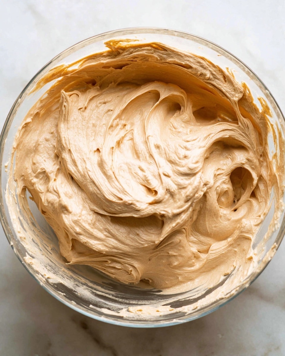 A close-up image of a clear glass bowl filled with one large, creamy swirl of light brown whipped mixture. The mixture has a smooth, fluffy, and soft texture with some peaks and folds showing its airy quality. The bowl sits on a white marbled surface, and the mixture fills most of the bowl, with some mixture slightly spread on the sides inside the bowl. The lighting is bright, showing the texture of the cream clearly. photo taken with an iphone --ar 4:5 --v 7