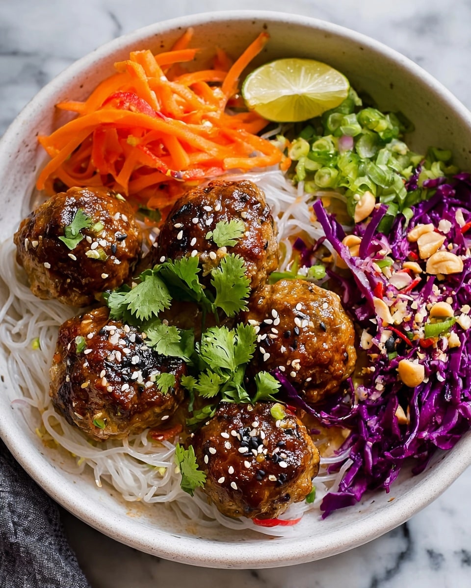 A white bowl holds a colorful dish with five shiny brown meatballs glazed with sauce, sprinkled with white and black sesame seeds, and garnished with green cilantro leaves on top. Underneath and around the meatballs are thin white noodles forming the base layer. On one side, bright orange carrot sticks sit next to some green vegetable ribbons. On another side, vibrant purple shredded cabbage is mixed with chopped peanuts and fresh herbs. A small lime wedge rests beside the meatballs, and the bowl sits on a white marbled surface. photo taken with an iphone --ar 4:5 --v 7