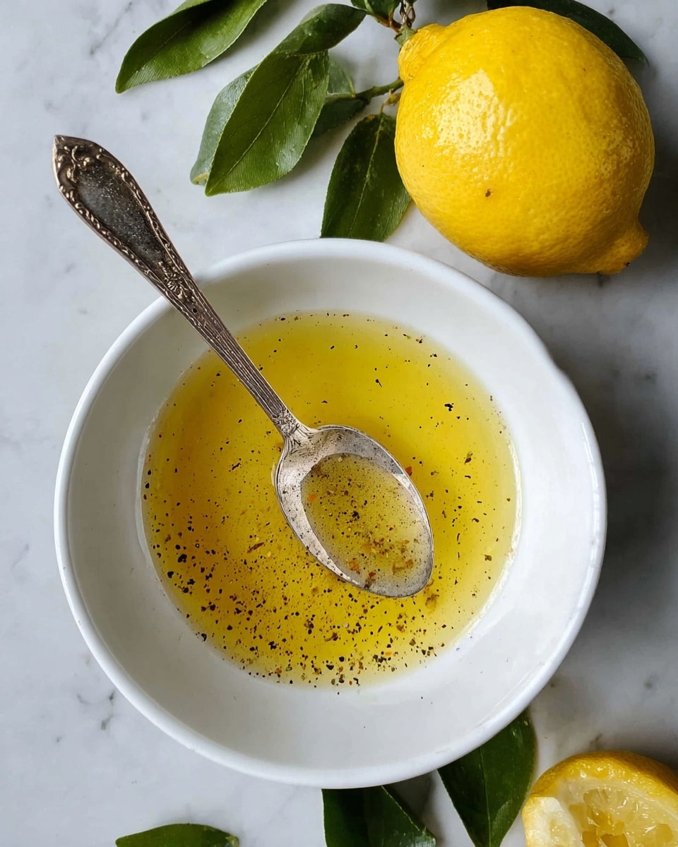 A white bowl filled with a yellowish liquid dressing with black pepper specks floating inside. A silver, ornate spoon rests inside the bowl, partially covered by the dressing. Positioned near the bowl are a whole yellow lemon and a lemon half, both with bright green leaves attached. The scene is set on a white marbled surface. photo taken with an iphone --ar 4:5 --v 7