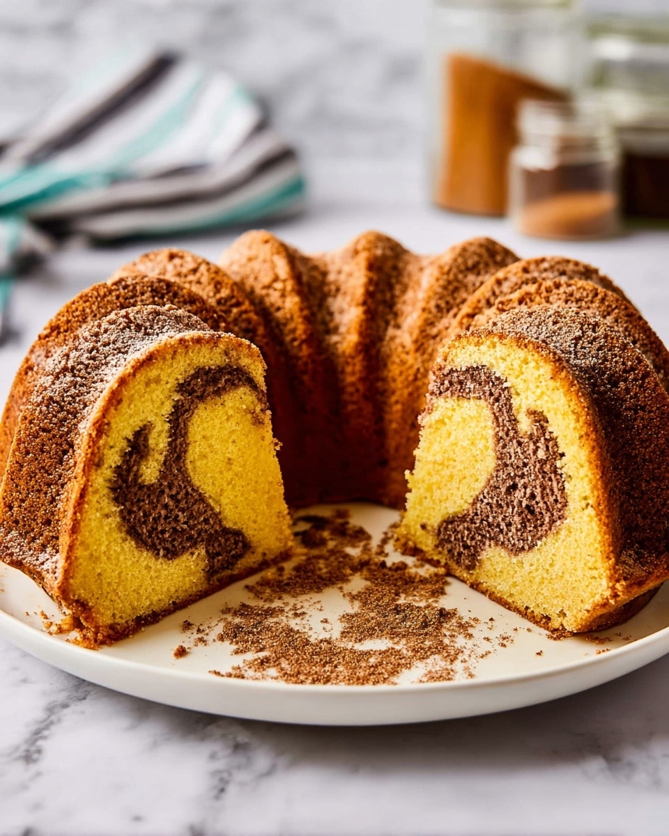 A Bundt cake with a golden brown outside and a yellow inside sits on a white plate. The cake is shaped in a ring with deep curves all around it. A slice is removed showing two visible layers inside: the main yellow cake and a swirled, darker cinnamon filling running through the middle. There are some crumb pieces and cinnamon powder scattered on the plate near the missing slice. The background is a white marbled texture, and there are blurred jars and a striped cloth in the back. Photo taken with an iphone --ar 4:5 --v 7