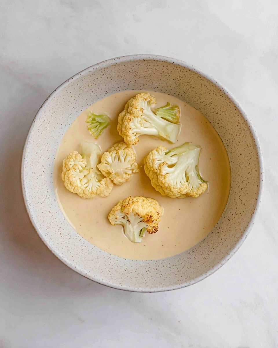 A white speckled bowl holds a smooth, creamy beige sauce spread evenly in the bottom. Floating on top are five cauliflower florets, showing their pale yellow and white colors with natural textures and small green stems on one piece. The bowl sits on a white marbled surface. Photo taken with an iphone --ar 4:5 --v 7