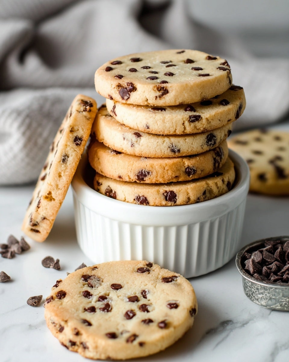 The image shows a stack of six round chocolate chip cookies placed inside a white ridged bowl. The cookies are light golden brown with many dark chocolate chips scattered across the surface, giving them a textured look. One cookie leans upright against the side of the bowl inside it. Outside the bowl, on a white marbled surface, two cookies lie flat in the foreground with their chocolate chips clearly visible. In the background, a light gray cloth is softly folded, adding a cozy touch. To the right, a small metal container holds more chocolate chips. Photo taken with an iphone --ar 4:5 --v 7