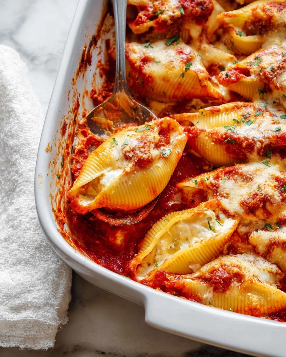 The image shows a white baking dish filled with large pasta shells stuffed with a creamy white filling, likely cheese, and covered in a chunky red tomato sauce. The shells have a slightly glossy look, with some of the sauce and melted cheese baked on top, creating a light golden-brown, bubbly texture. The shells are packed closely together in the dish, and one shell is lifted with a silver spoon, revealing the soft inside filled with a rich white creamy mixture. The edges of the baking dish have some sauce stains, and the background is a white marbled surface with a white cloth beside the dish. Photo taken with an iphone --ar 4:5 --v 7