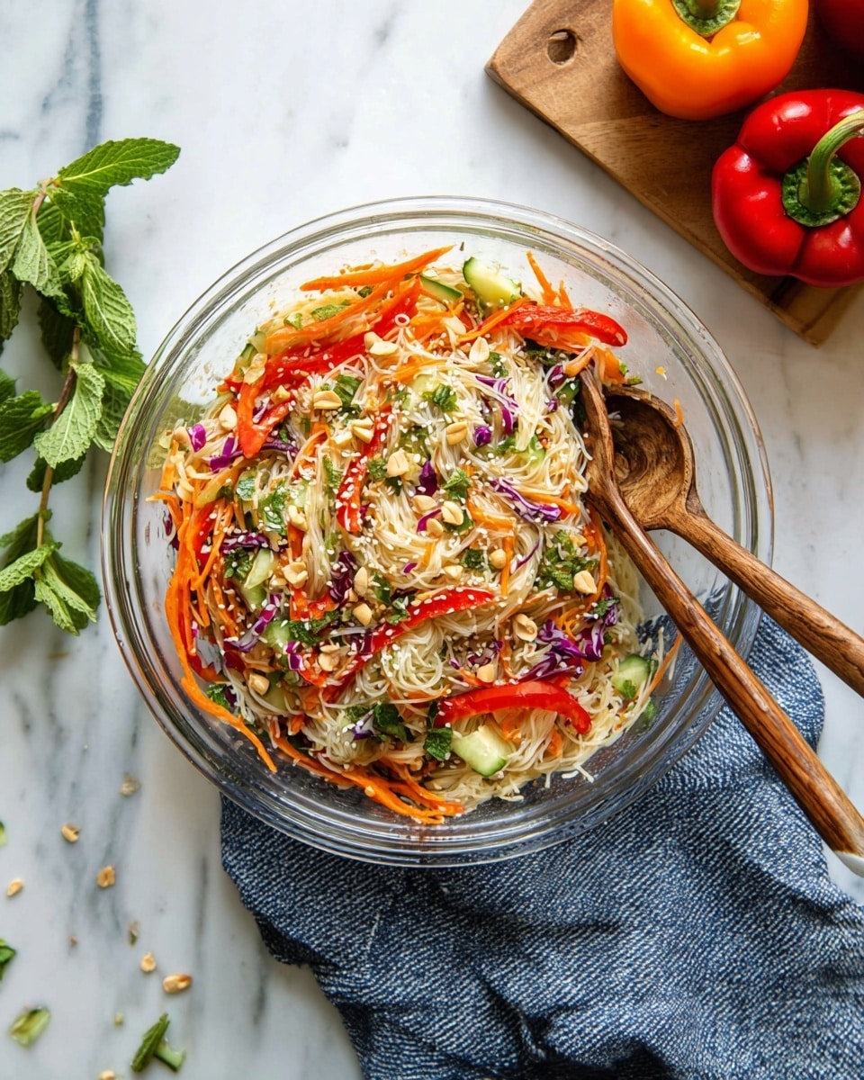A clear glass bowl filled with a colorful noodle salad placed on a white marbled surface. The salad has thin, light beige rice noodles at the base. On top, there are thin strips of bright orange carrots, red bell peppers, and light green cucumber slices mixed with small pieces of purple cabbage. The salad is sprinkled with chopped green herbs, white sesame seeds, and scattered chopped peanuts. Two wooden spoons rest inside the bowl, one with a darker wood tone and the other lighter. To the side, there is a blue textured cloth, fresh green mint leaves on a small wooden board, and bright orange and red bell peppers next to the bowl. Photo taken with an iphone --ar 4:5 --v 7