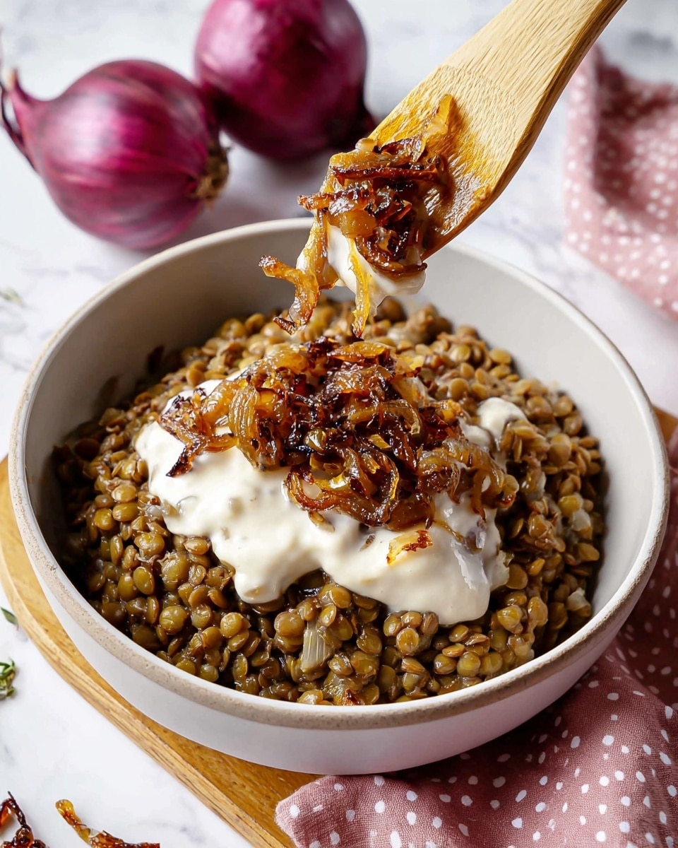 A white bowl holds a serving of cooked lentils mixed with small bits of caramelized onions, showing a brown and greenish color with a soft texture. On top of the lentils is a thick layer of white creamy sauce. A woman's hand holds a wooden spatula above the bowl, lifting a portion of dark golden brown caramelized onions, some of which are still falling slowly onto the sauce layer. The bowl sits on a white marbled surface with two whole red onions in the background and a pink cloth with white dots near the bottom edge of the image. Photo taken with an iphone --ar 4:5 --v 7