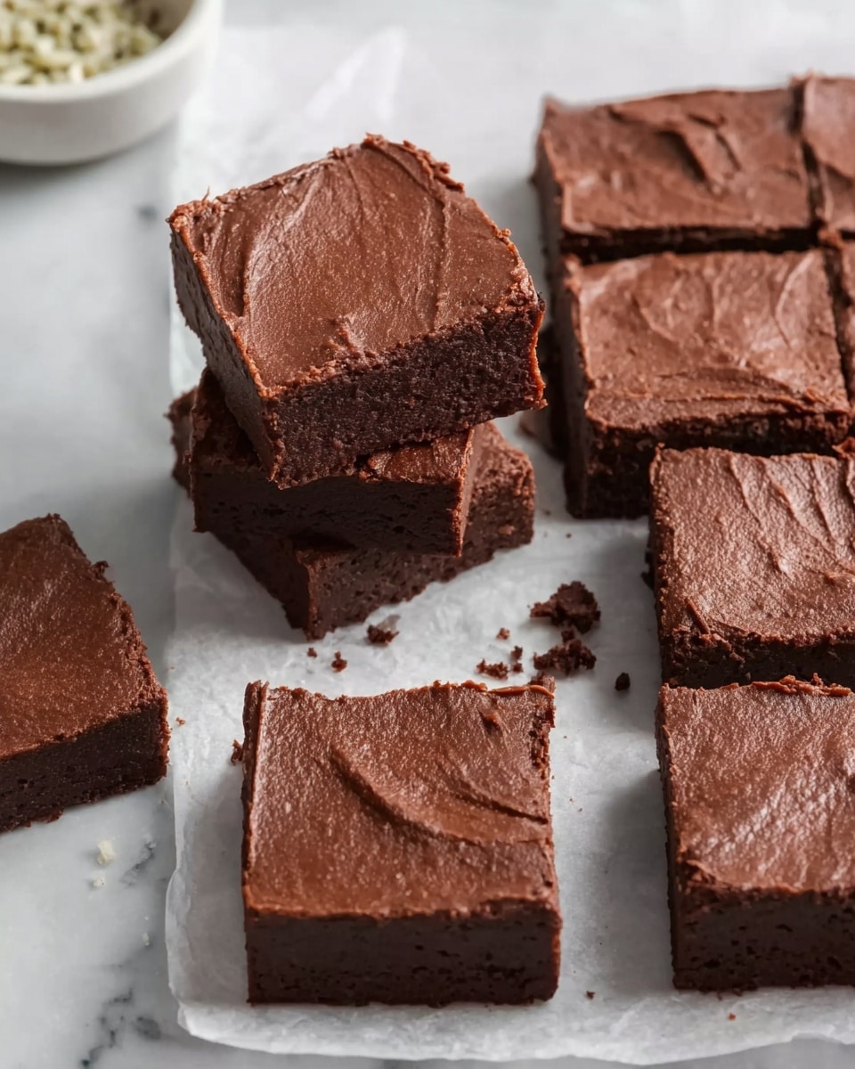 The image shows a group of chocolate brownies cut into neat squares on white parchment paper. The brownies have one thick visible layer of rich, dark brown chocolate with a smooth, slightly textured surface on top. Some squares are stacked or slightly separated from the main group. The background is a white marbled texture with a small white bowl filled with chopped nuts just visible in one corner. Photo taken with an iphone --ar 4:5 --v 7