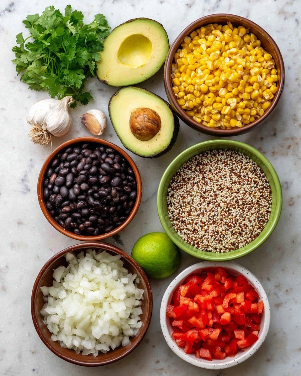 The image shows six bowls arranged on a white marbled surface. From top left, two garlic cloves and a bunch of fresh green cilantro are placed next to a halved avocado with one half showing the brown seed and the other half empty. To the right, there is a bowl filled with bright yellow corn kernels. Below the corn, a green bowl holds a mix of white, red, and black quinoa grains. On the left, a brown bowl contains black beans, and below that, another brown bowl holds diced white onions and red bell peppers side by side. At the bottom right, a small white bowl filled with chopped red tomatoes completes the set. Near the garlic and cilantro, a lime half is placed, adding fresh green color. The overall scene is clean and colorful, capturing every texture clearly. Photo taken with an iphone --ar 4:5 --v 7