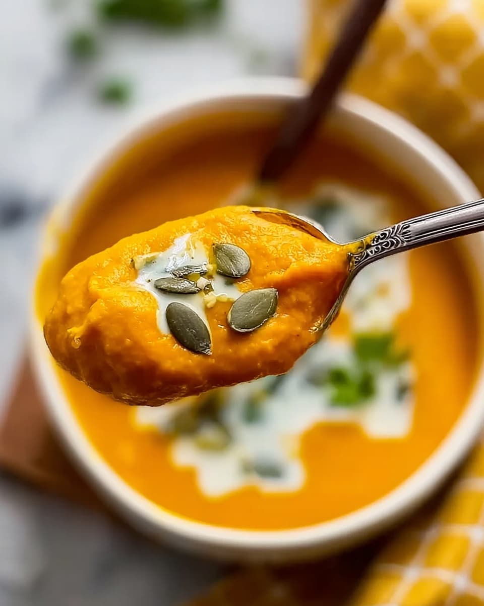 A close-up view of a silver spoon holding thick, creamy orange soup with a smooth texture, topped with a few green pumpkin seeds and a small white swirl of cream, with a blurred background showing a white bowl filled with the same soup and garnished with green herbs, all placed on a white marbled surface, alongside a yellow checkered cloth. Photo taken with an iphone --ar 4:5 --v 7