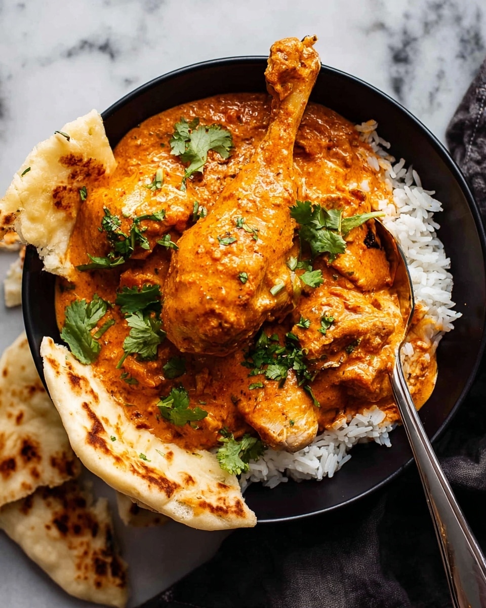 A black bowl holds a base layer of white rice, topped with pieces of chicken covered in thick orange curry sauce. The bowl has one large chicken drumstick and several smaller chicken pieces, all coated in a smooth, rich curry. Fresh green cilantro leaves are sprinkled on top for color. Pieces of lightly toasted flatbread are placed partly inside the bowl and around it. A silver spoon is resting inside the bowl, and the background is a white marbled texture. photo taken with an iphone --ar 4:5 --v 7
