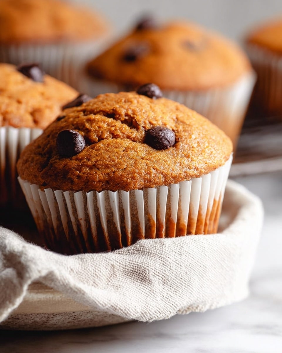 A close-up view of a warm golden brown muffin with a slightly rough top texture and a few dark chocolate pieces visible on its surface, sitting inside a white paper liner. The muffin is placed on a soft, light beige cloth that rests on the edge of a white bowl. In the blurred background, there are more similar muffins, showing their inviting rounded tops and paper liners. The scene is set on a white marbled surface, creating a clean and simple look. photo taken with an iphone --ar 4:5 --v 7