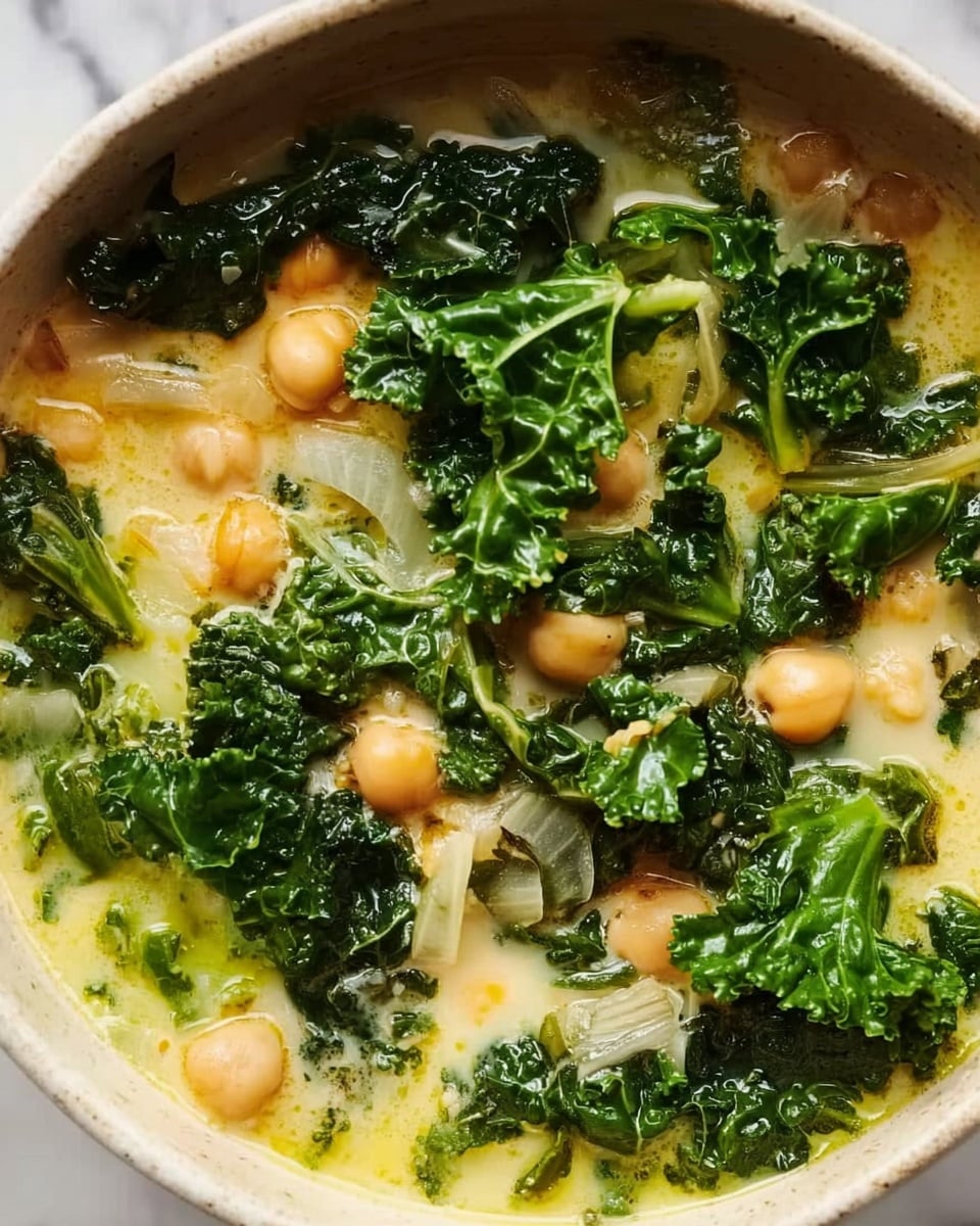 This image shows a close-up of a creamy soup with large, bright green kale leaves on top and throughout. The soup has a yellowish cream base with visible chickpeas adding texture and small pieces of light onion mixed in. The kale leaves look soft and fresh, covering the chickpeas and cream evenly. The background is a white marbled surface. photo taken with an iphone --ar 4:5 --v 7