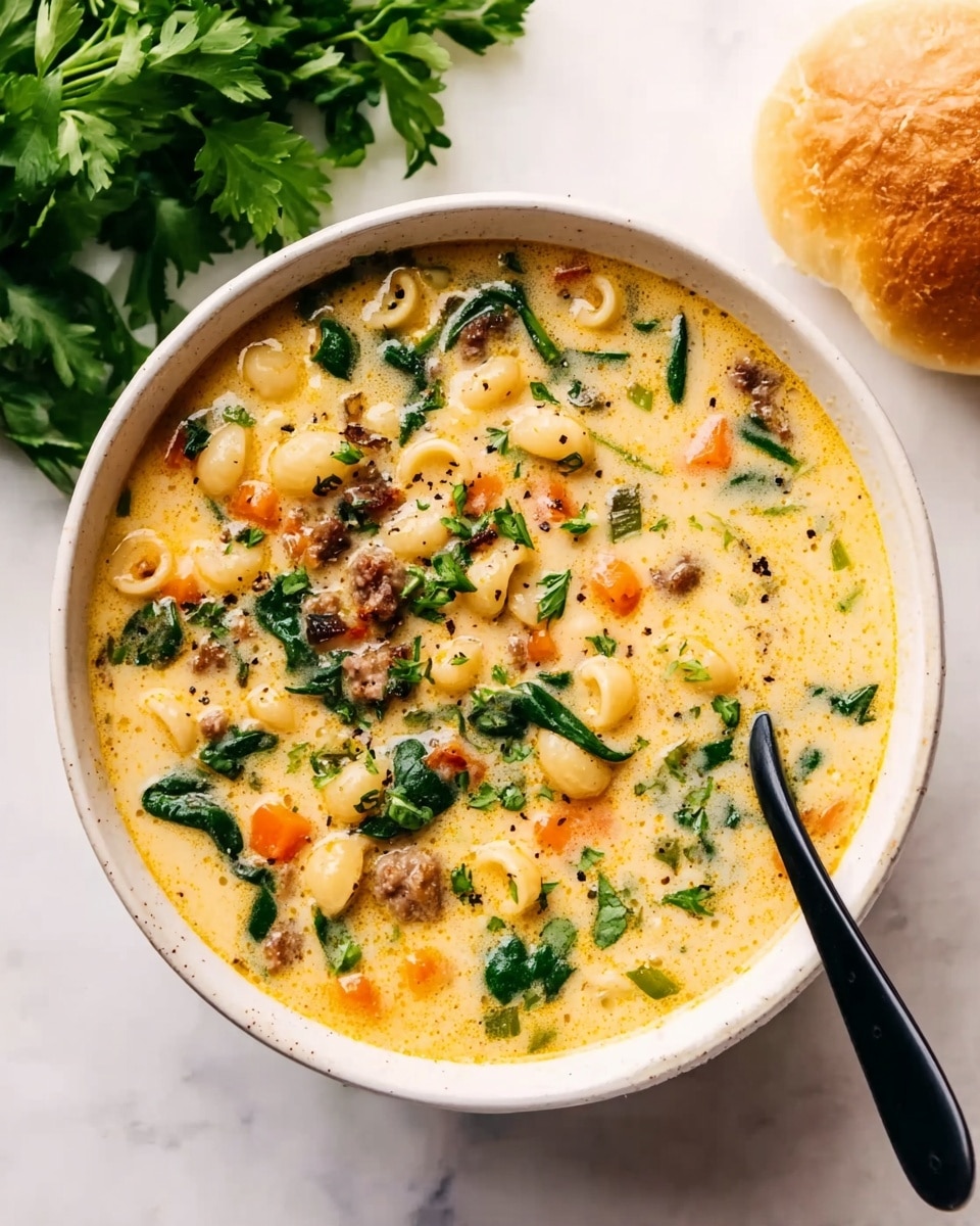 A white bowl filled with creamy yellow soup that has small round pasta, bits of browned meat, diced orange carrots, and green spinach leaves mixed in. The soup looks thick and smooth with visible herbs. A black spoon rests inside the bowl on the right side. To the left of the bowl, there is a bunch of fresh green parsley, and near the top right corner, a light brown roll sits on the white marbled surface. Photo taken with an iphone --ar 4:5 --v 7