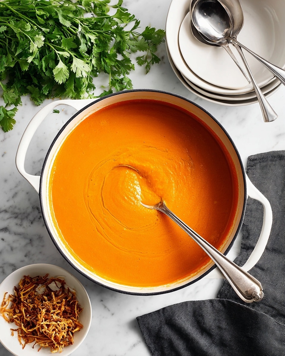 A white shallow pot filled with smooth, bright orange soup that has a creamy texture. A silver spoon rests inside the pot, partially submerged, with a simple swirl in the soup around it. The pot sits on a white marbled surface next to a bunch of fresh green herbs to the top left, a small white dish of golden-brown crispy fried onions to the bottom left, and a dark gray cloth napkin to the right. Behind the pot are stacked white bowls with two matching silver spoons placed on top. The scene is bright and clean. photo taken with an iphone --ar 4:5 --v 7