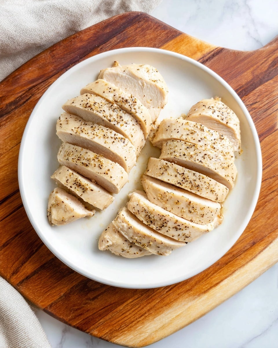 The image shows two cooked chicken breasts sliced into about seven even pieces each, arranged on a white plate. The chicken pieces are pale with a light sprinkling of black pepper on top, giving a slight contrast to the smooth texture of the meat. The white plate sits on a wooden board with warm brown tones and natural wood grain patterns. The background is a white marbled surface, adding a clean and simple look. photo taken with an iphone --ar 4:5 --v 7