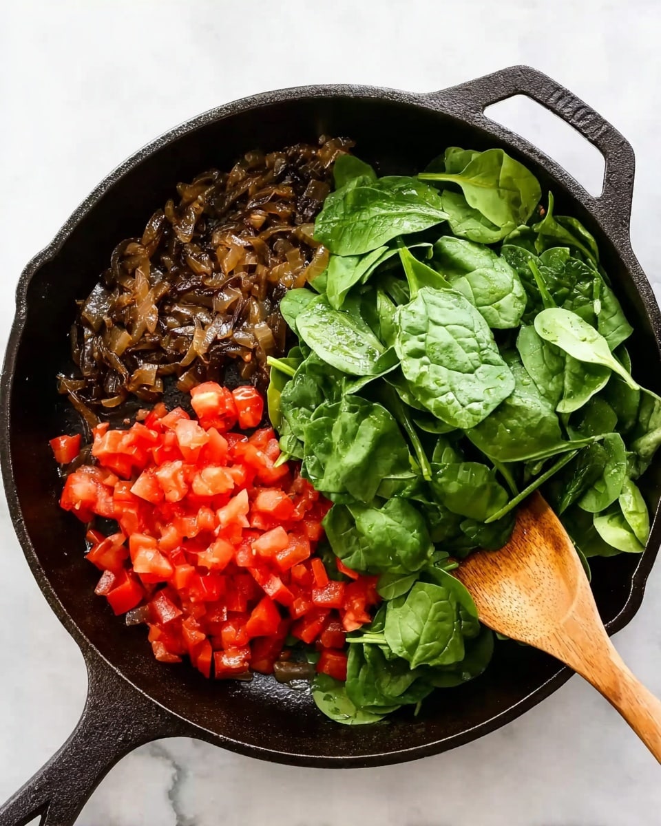 A black cast iron pan with three clear sections of ingredients: at the top left, dark cooked onions with a soft, slightly chunky texture; at the right, a heap of fresh bright green spinach leaves, smooth and glossy; at the bottom left, small, evenly diced red tomatoes with a fresh, juicy look. There is a wooden spoon resting on the right side of the pan, touching the spinach leaves. The pan is placed on a white marbled surface. photo taken with an iphone --ar 4:5 --v 7