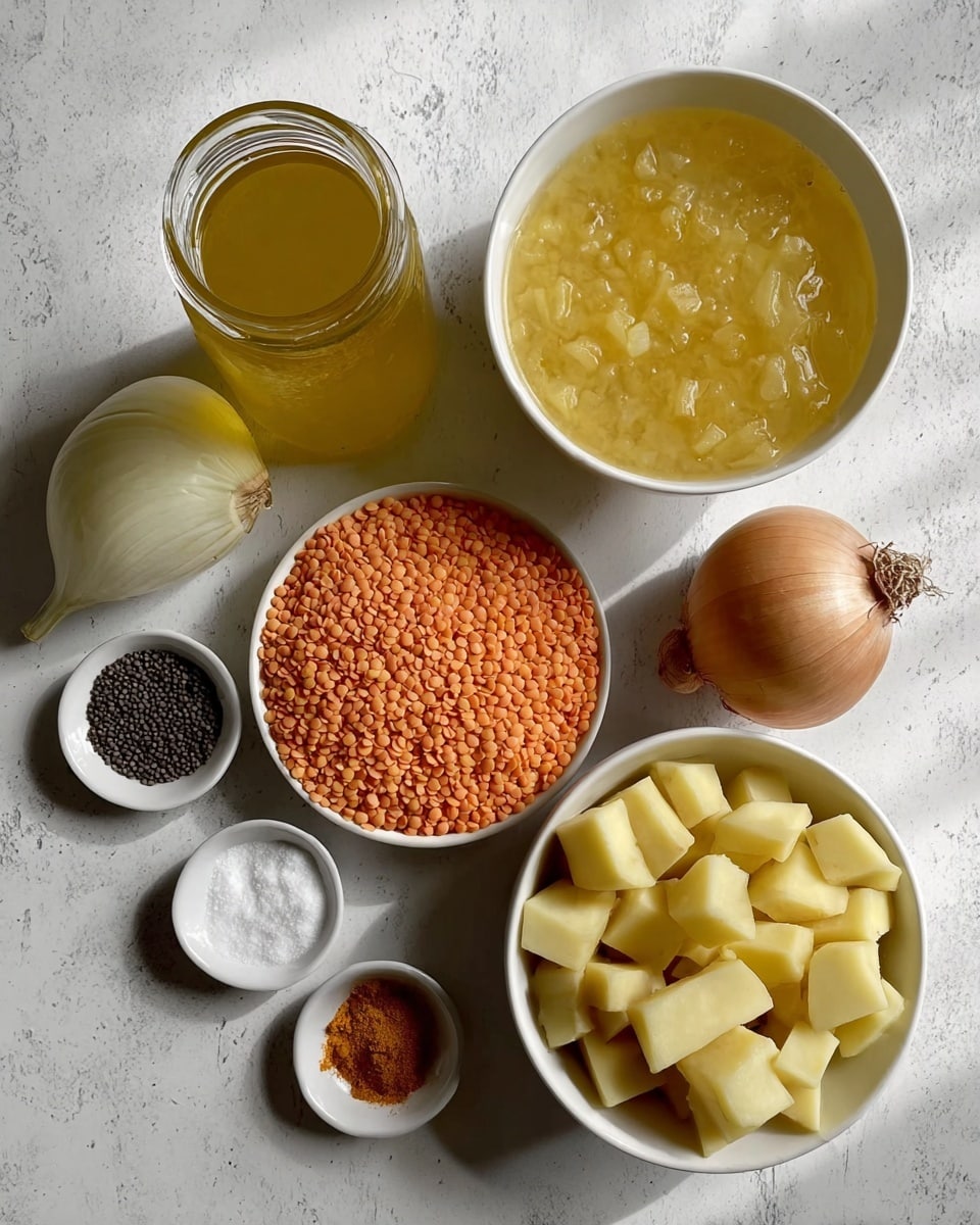 The image shows several ingredients neatly arranged on a white marbled surface. In the center right, there is a white bowl filled with large chopped light yellow potato pieces. Below it, a white bowl holds a large amount of orange lentils. To the left, a small white dish contains black cumin seeds along with two garlic cloves and a small piece of ginger. Above this dish, a yellow onion and a glass jar filled with a yellowish liquid are placed next to a smaller jar containing white coconut oil. Near the bottom left corner, another small white dish holds small piles of orange powder and black pepper. The lighting is soft and natural. photo taken with an iphone --ar 4:5 --v 7