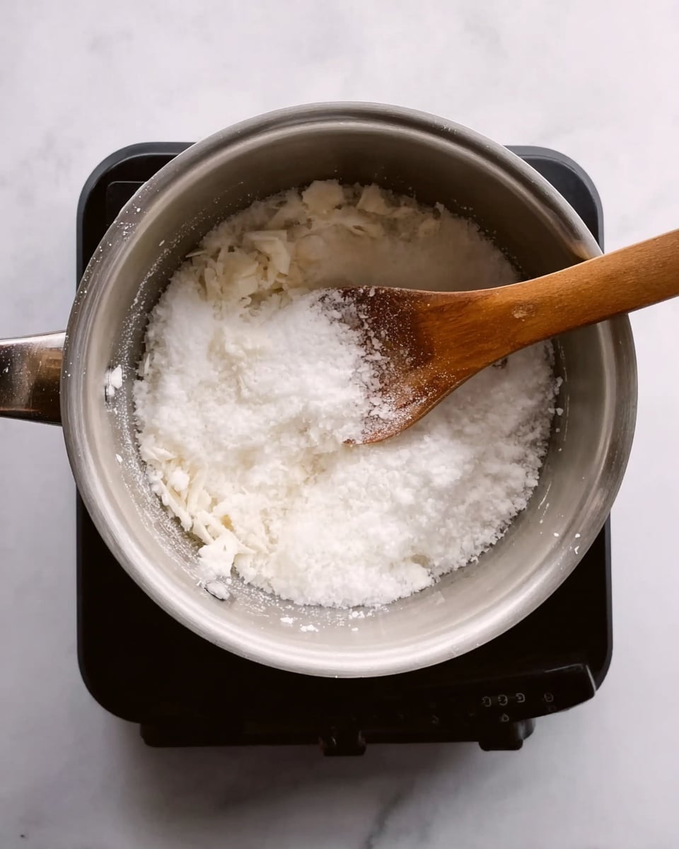 A light silver pot on a black stove holds a white grainy mixture that looks like salt or sugar, with a wooden spoon partially buried in the mixture on the right side. The mixture fills most of the pot, showing some uneven texture with lumps. The background is a white marbled surface. photo taken with an iphone --ar 4:5 --v 7