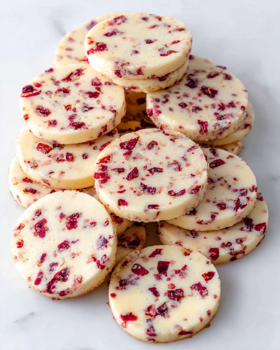 A pile of round cookies is shown, each cookie having a creamy light beige base with small pieces of red fruit evenly spread throughout. The cookies have a smooth top surface with slightly golden edges, and they are stacked in a scattered manner directly on a white marbled surface. There are about eleven cookies overlapping each other, with some cookies fully visible and others partly covered, showing their thin and uniform thickness. photo taken with an iphone --ar 4:5 --v 7