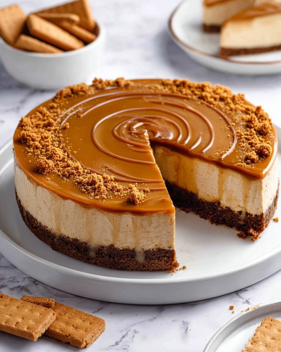 A round cheesecake with three visible layers sits on a white plate over a white marbled surface. The base layer is thick and crumbly with a dark brown color, forming the crust. Above it, a thick creamy beige layer of cheesecake fills most of the height. The top layer is a shiny caramel-like glaze, smooth with a spiral pattern and sprinkled with crushed crumbs around the edges. One slice is removed, showing sharp clean edges. In the background, there is a white bowl filled with rectangular caramel-colored biscuits and some biscuits lying on the surface. photo taken with an iphone --ar 4:5 --v 7